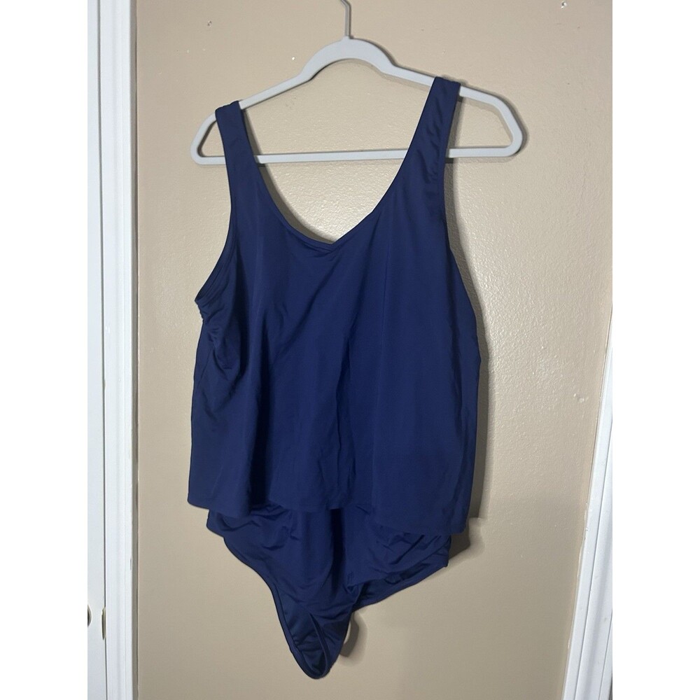 Lands End One-Piece Swimsuit size 14-16 Navy Blue Low Leg Tank Overlay Solid